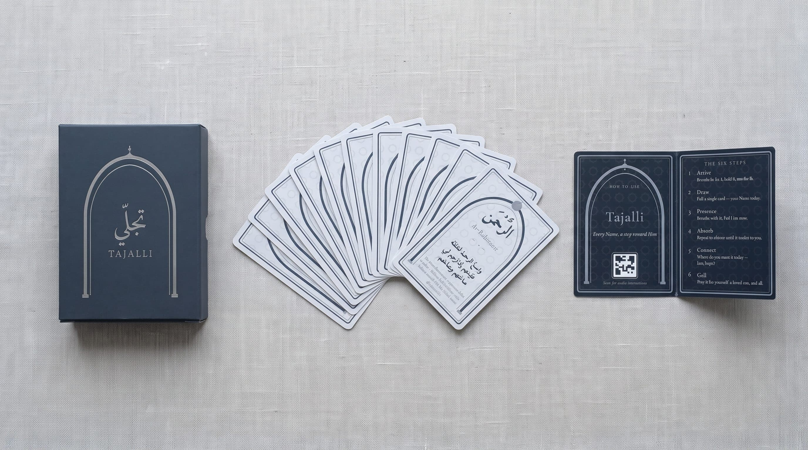 The box, the fanned deck, and the fold-out instruction card laid out together
